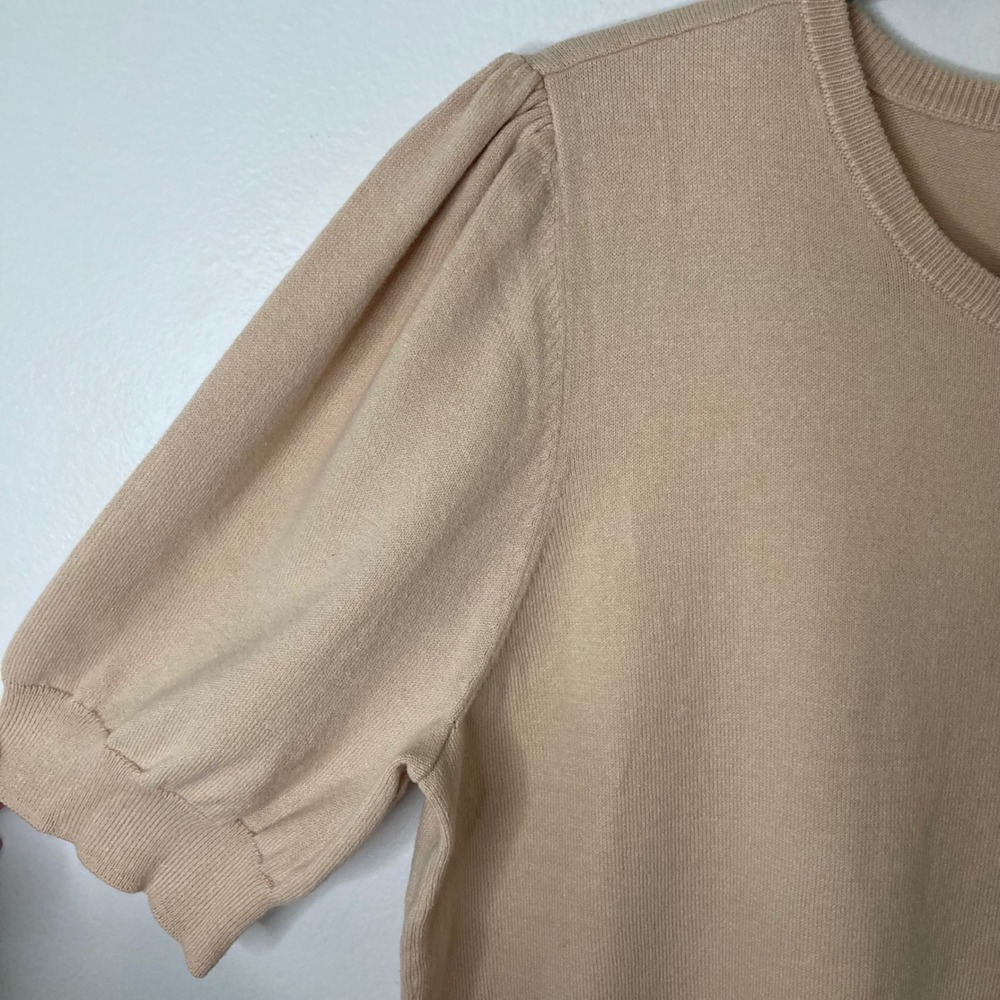 CeCe Puff Sleeve Pearl Keyhole Back Sweater Top Beige Tan L Coquette Office Chic - Picture 4 of 8